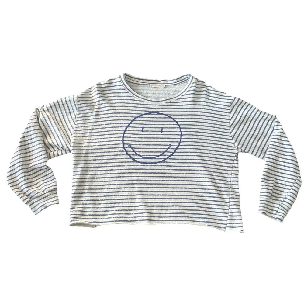 By Together Sweatshirt Women's Blue Excellent Striped Smiley Face Cropped Sz Med